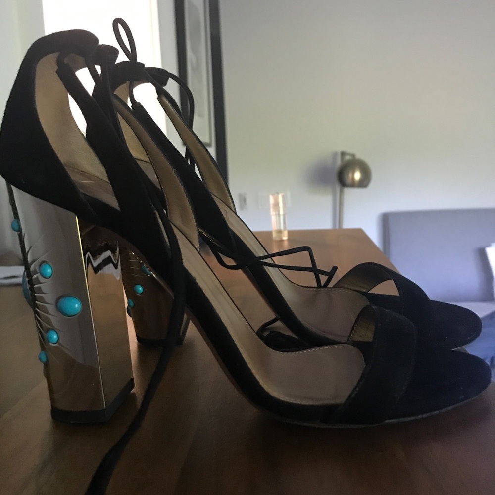 Aquazurra Embelished Chunky Heel Tie Up Sandals 8